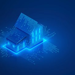 Smart home isometric concept. Private house consists digits code. Cyber Safety of internet of things of country house. Digital protection of smart home system. IOT Technology banner or background.